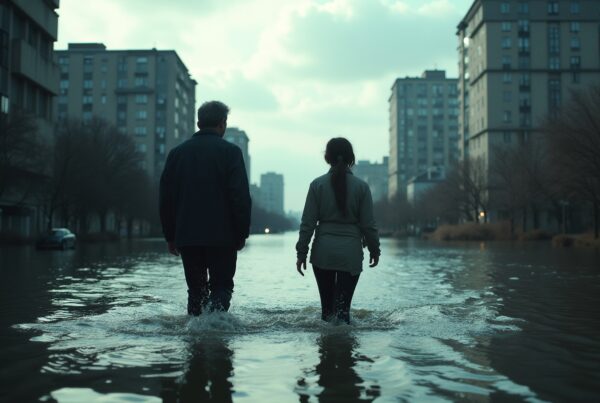Two people walk through a flooded city street, flanked by high-rise buildings.