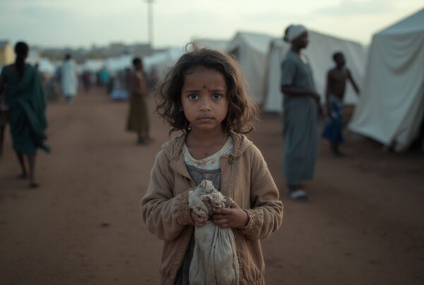 A young girl stands in a refugee camp holding a cloth, surrounded by tents and other people in the background, conveying a somber, vulnerable atmosphere.