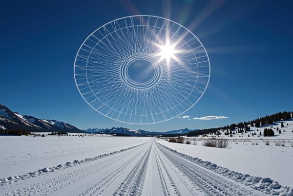 A snowy landscape with tire tracks leading into distant mountains, under a blue sky with a large abstract geometric circle and shining sun.