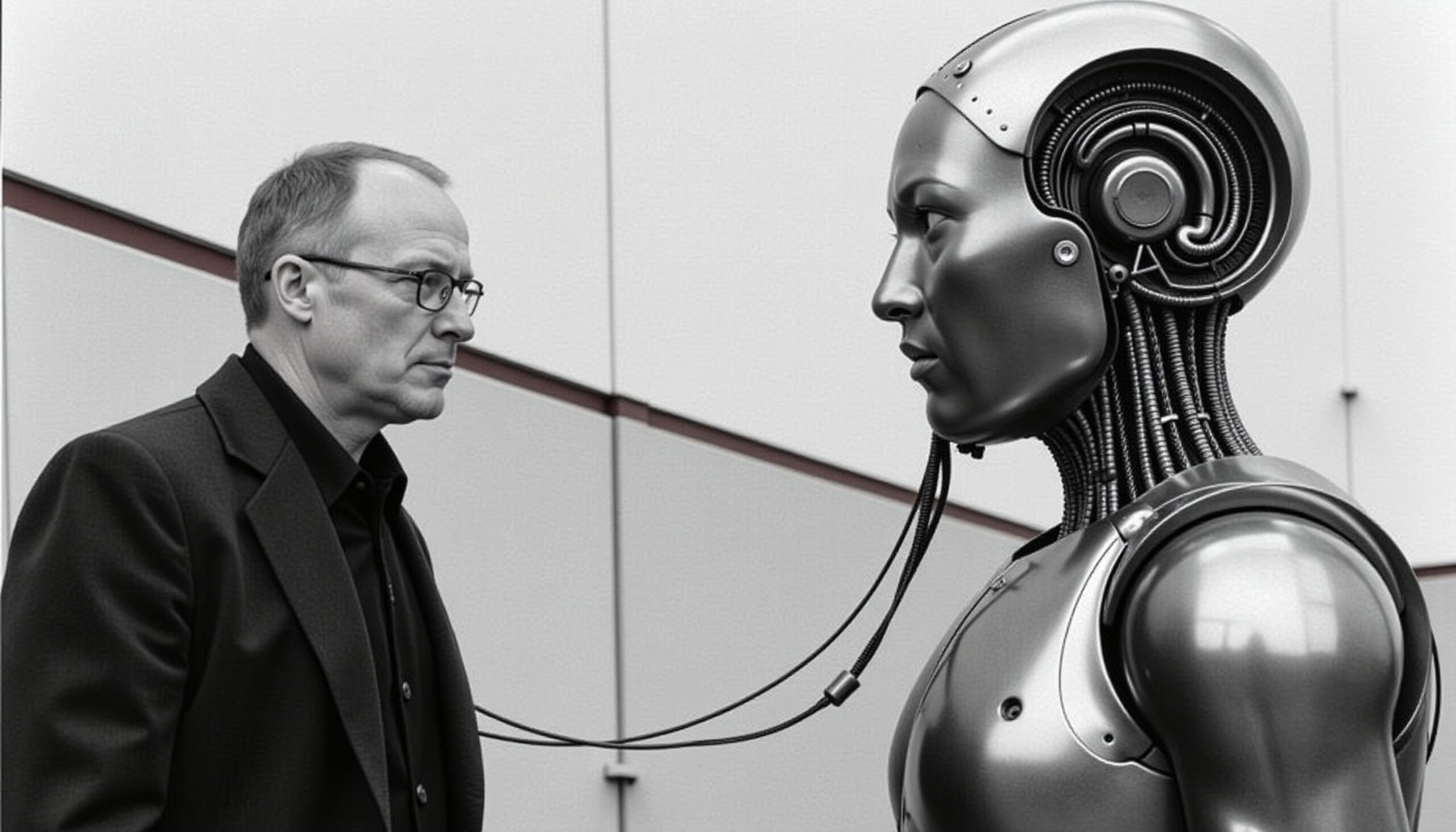 Man Confronts Futuristic Humanoid Robot
