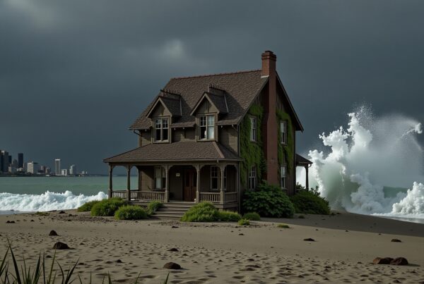 A picturesque house by a stormy beach with city skyline visible in the background.