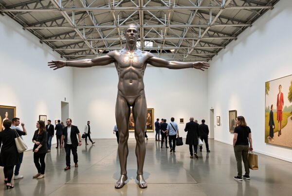 Visitors admire striking bronze statue centerpiece in spacious modern art gallery surrounded by paintings