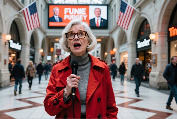 A woman in a red coat speaks into a microphone at a bustling shopping mall with flags and digital screens in the background.