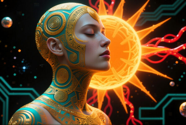 Futuristic goddess meditating under radiant digital sun amidst cosmic circuits