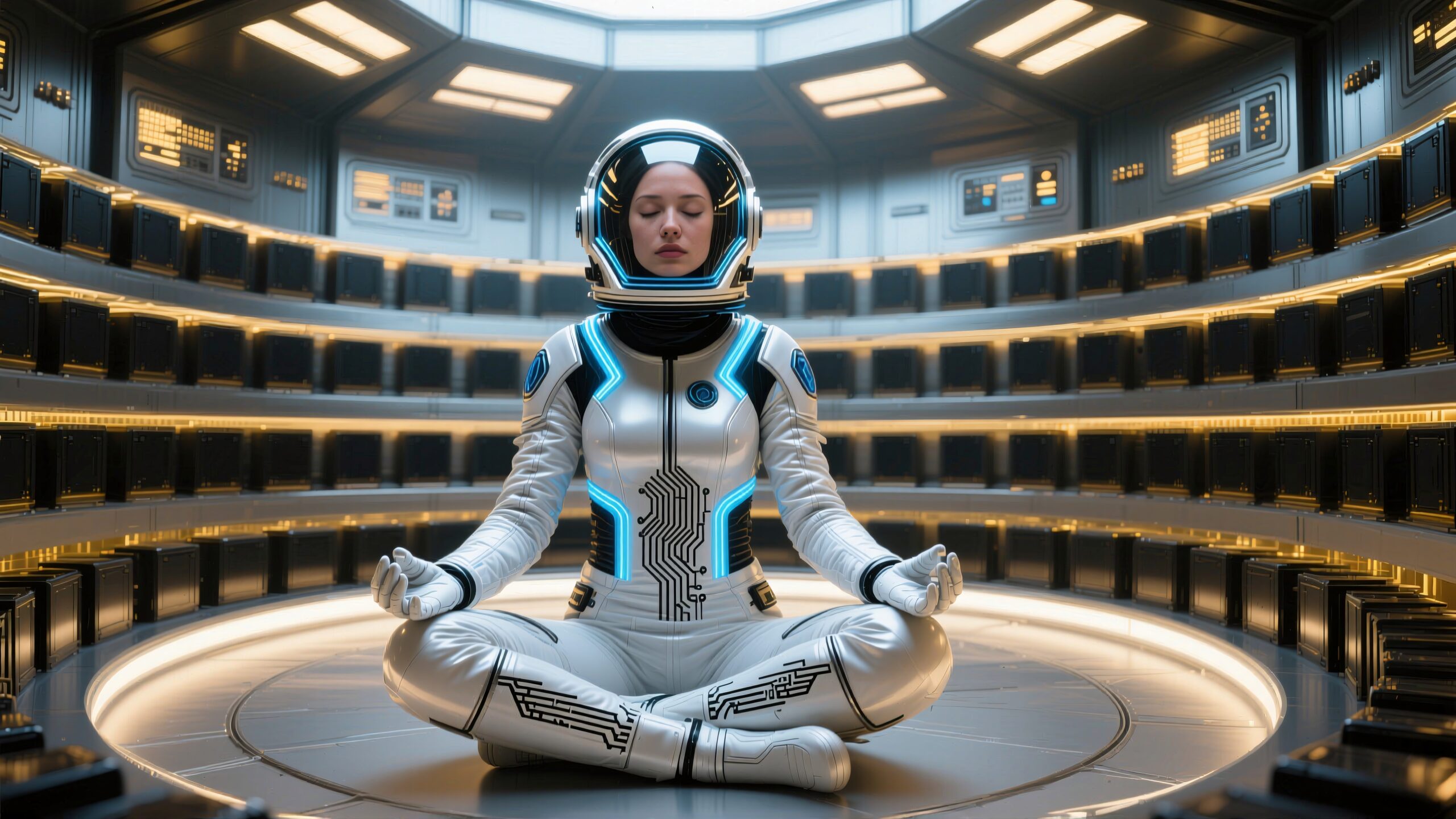 Meditative Astronaut in Futuristic Chamber