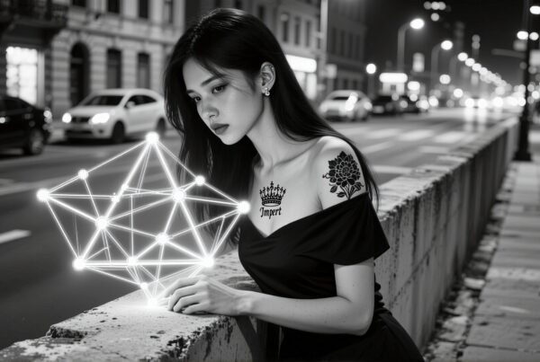A young woman in a city street at night contemplates a glowing geometric structure with tattoos displayed on her shoulder and chest.
