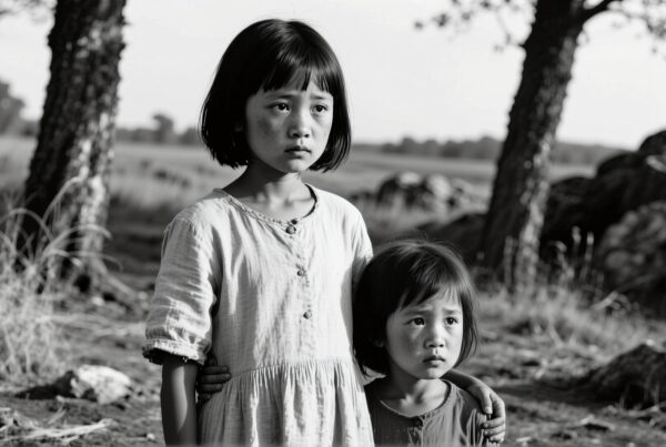 Grayscale portrait of two children standing together outdoors, surrounded by nature, evoking innocence and protective companionship.