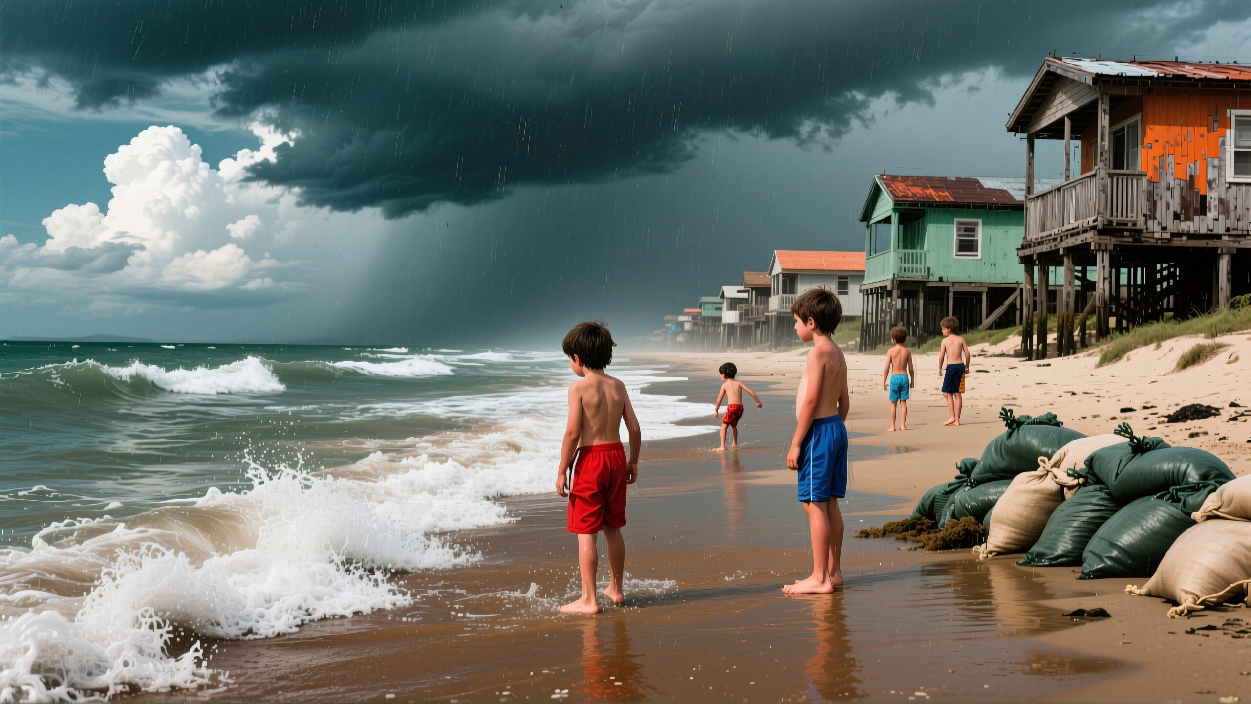 Children watch storm on beach
