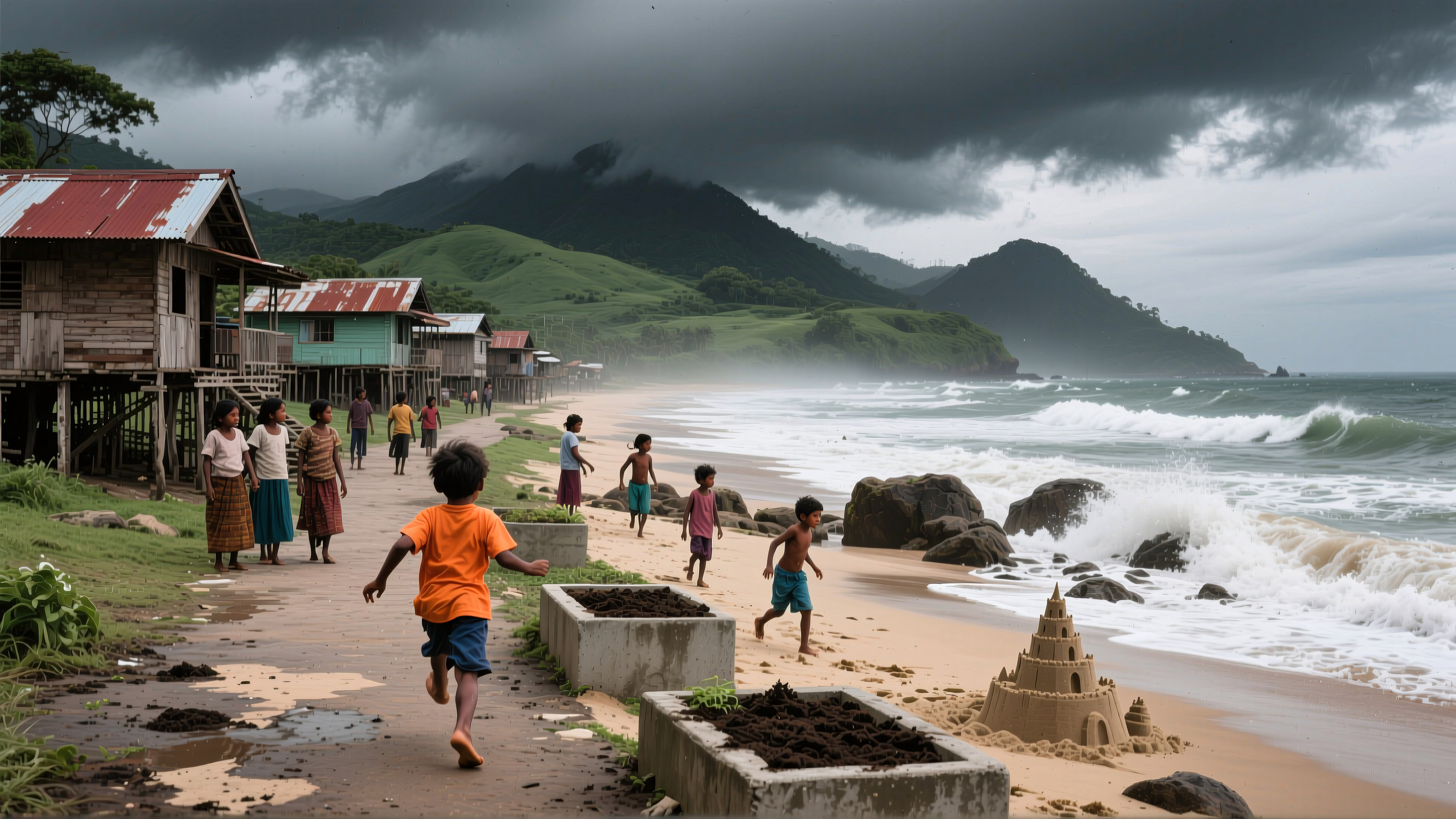 Coastal Village Children Playing on Stormy Beach
