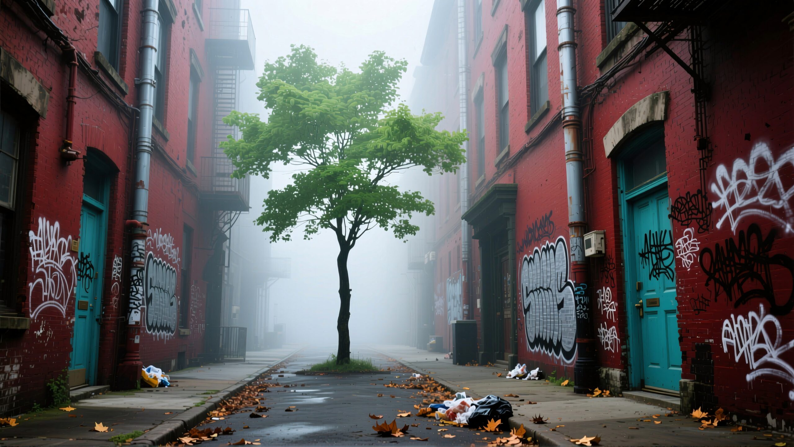 Urban Tree Amidst Misty Graffiti