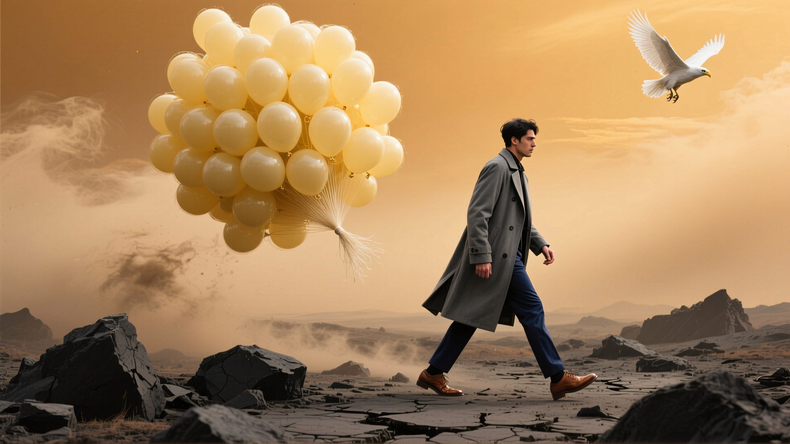 Surreal Journey with Yellow Balloons
