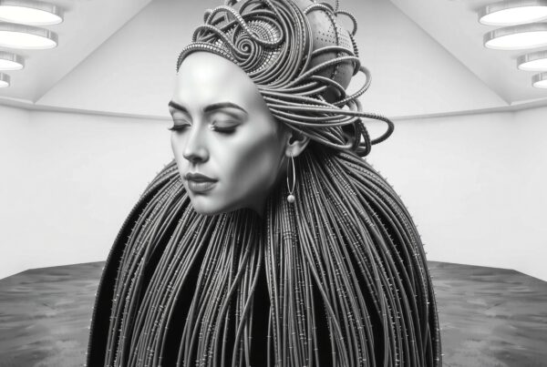 Futuristic cyberpunk female artist wearing metallic coil headdress in clinical lab environment