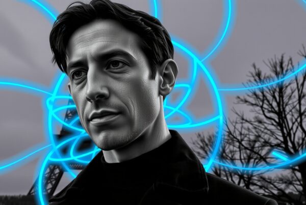 A man in neon blue light with grayscale background.