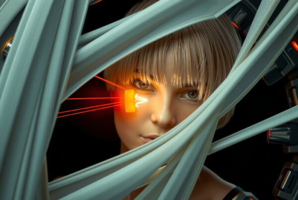 Futuristic digital artwork depicting a woman illuminated by an orange glow from a cheek gadget, surrounded by curved metallic beams.