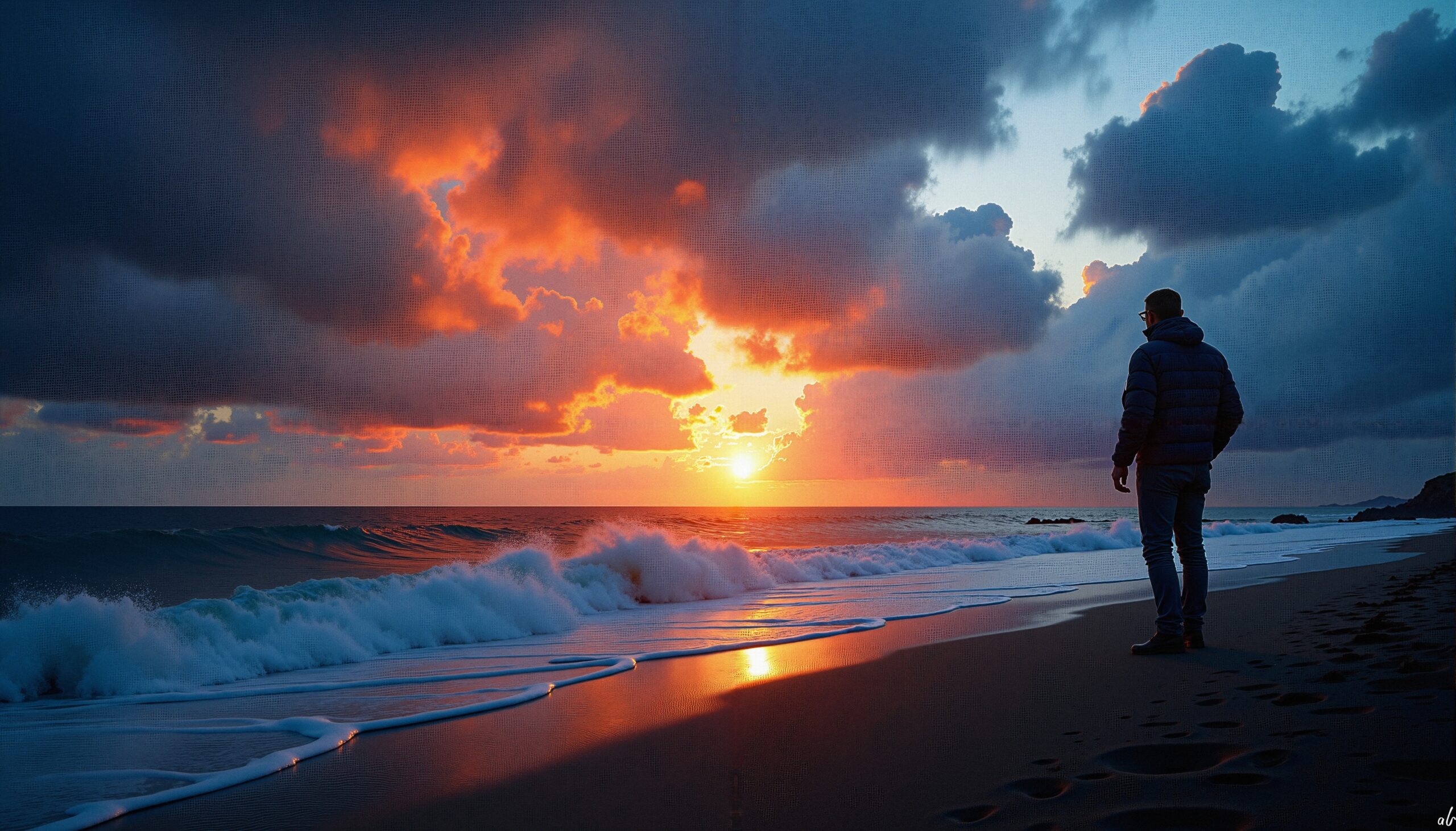 Contemplative Sunset Beach Walk