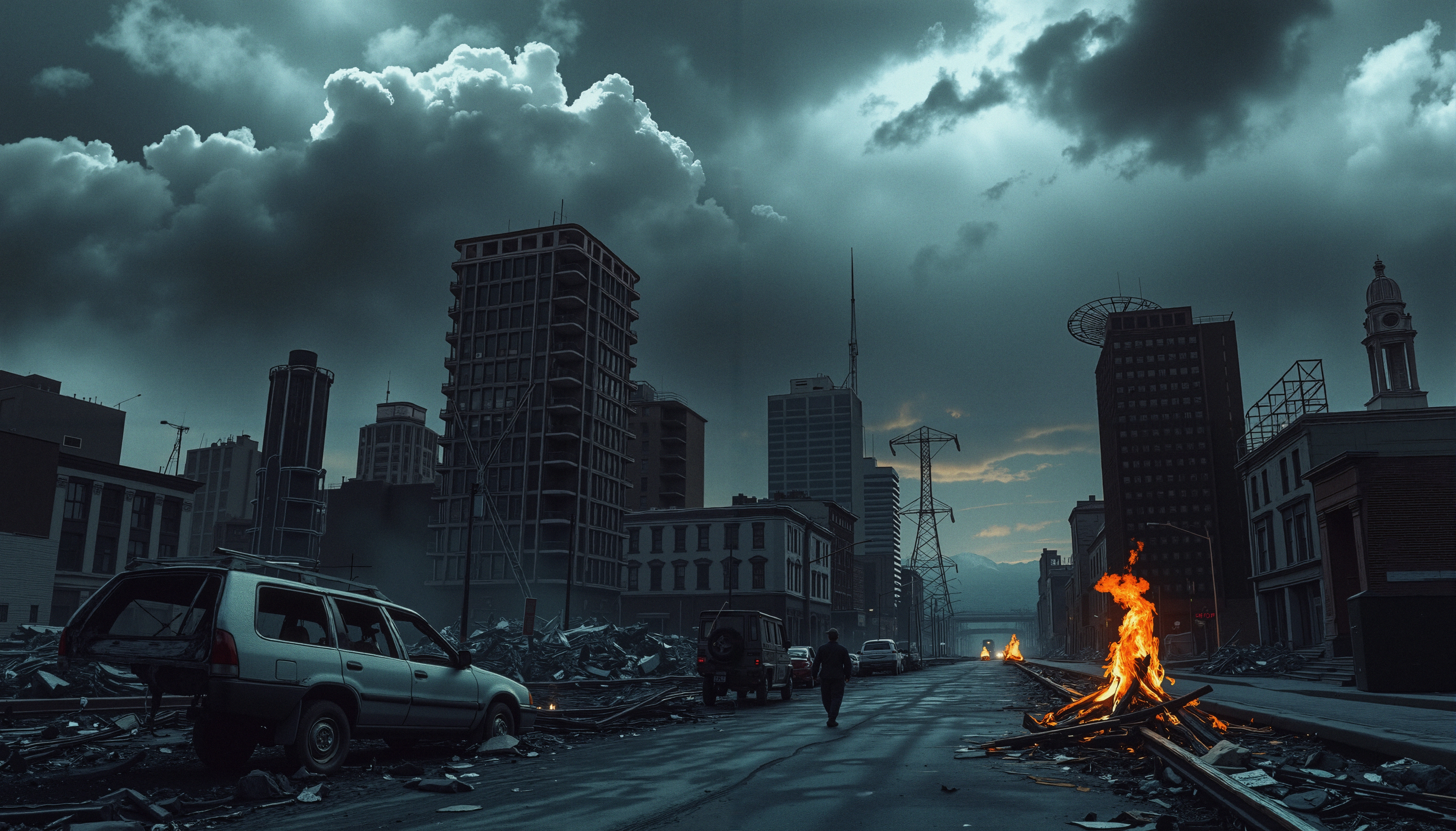 Post-Apocalyptic Urban Ruins Under Stormy Skies