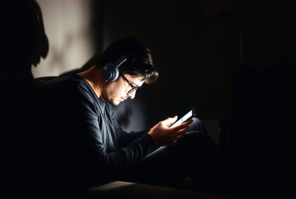 A young man wearing headphones uses a smartphone in a dark room.