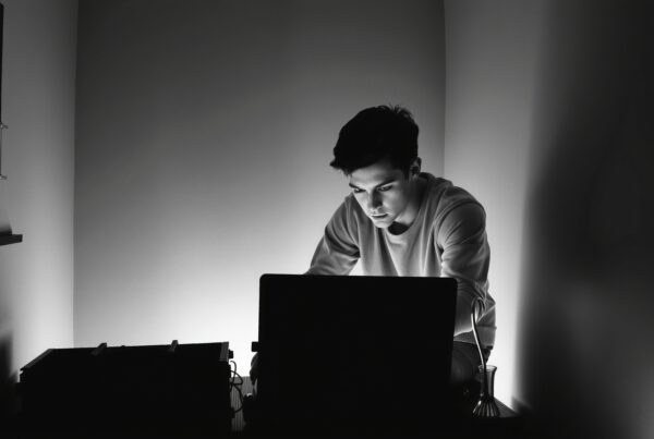 Young man focused on laptop work in dimly lit room with electronic devices around.