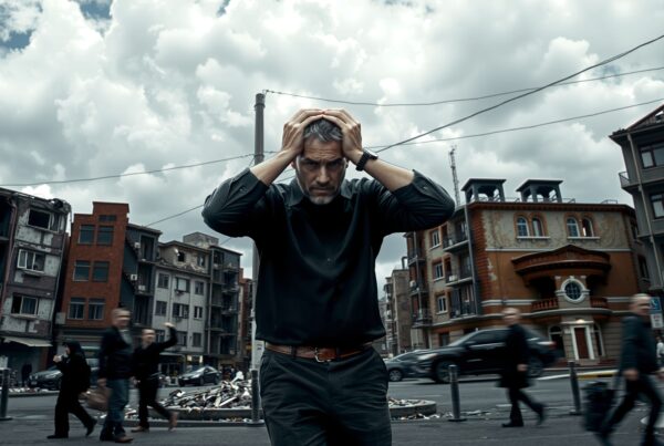 Man holding head in panic during urban catastrophe