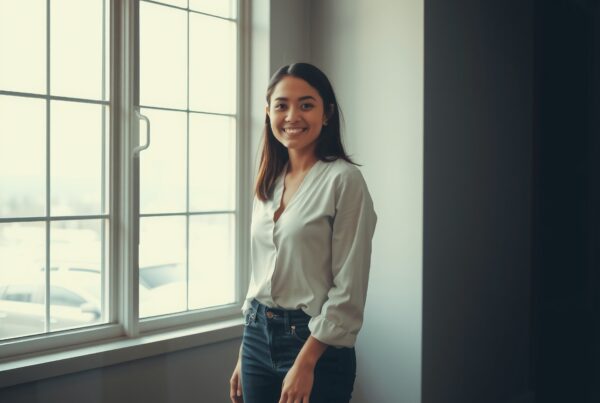 Woman standing by a sunlit window indoors, smiling in casual attire.