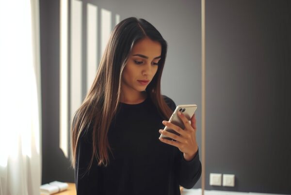 Young woman engrossed in her smartphone within a calm, organized study space.