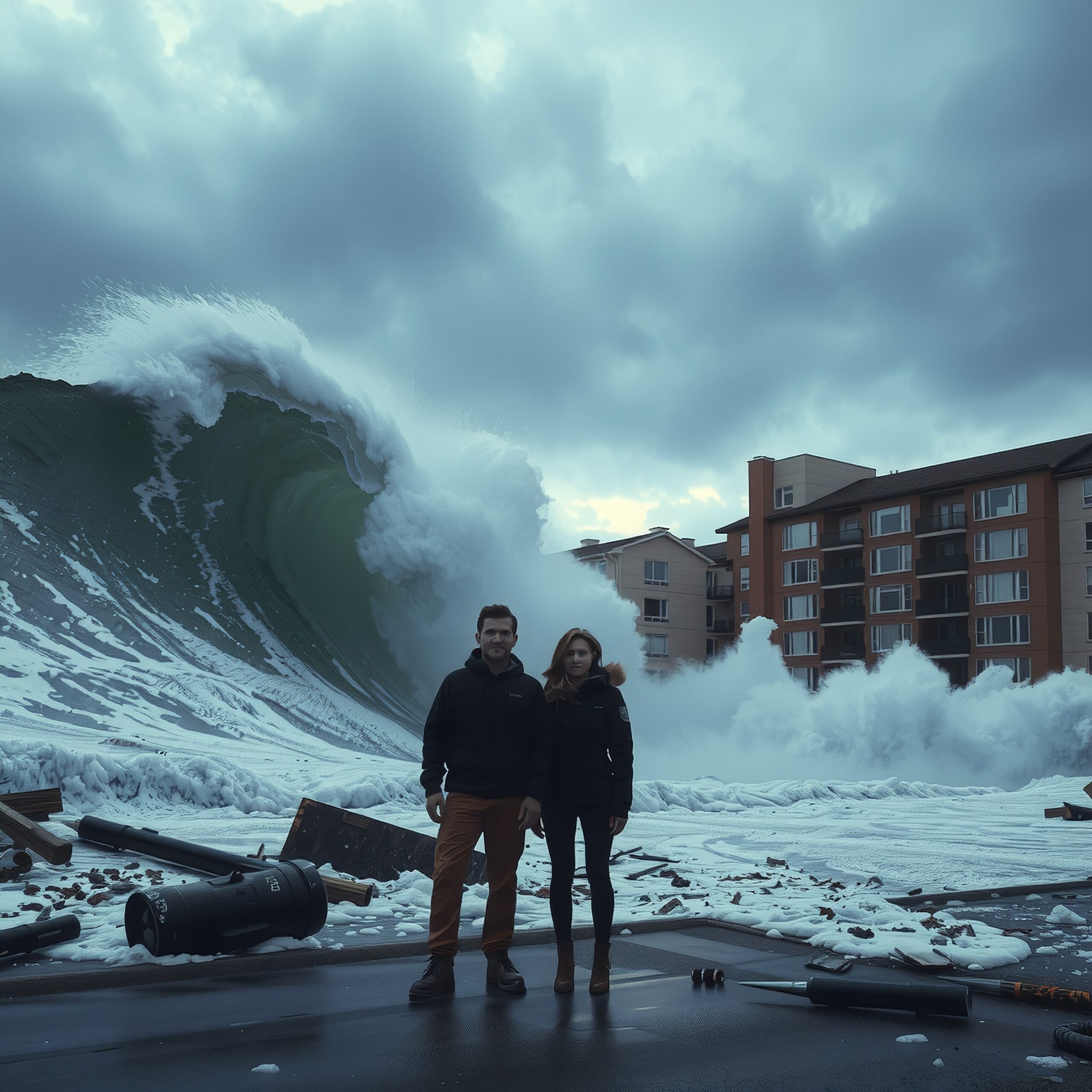 Ocean Wave Crashes Near Buildings