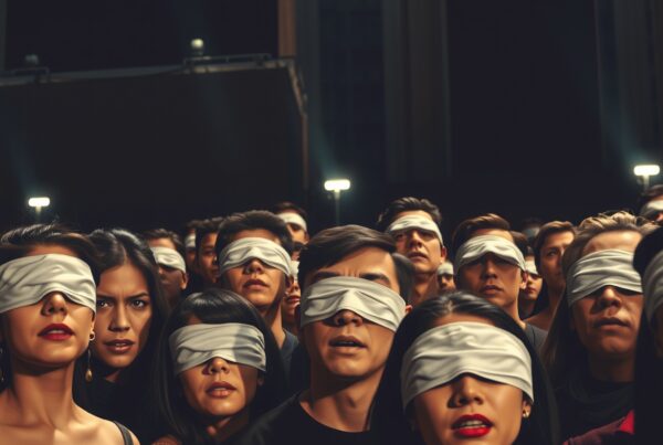A group of blindfolded people stands together in a dimly lit urban setting, evoking mystery and unity.