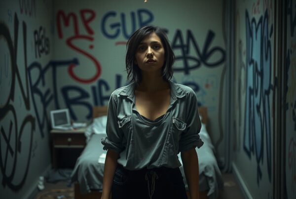 A woman stands in a graffiti-filled room, reflecting urban art and personal expression.