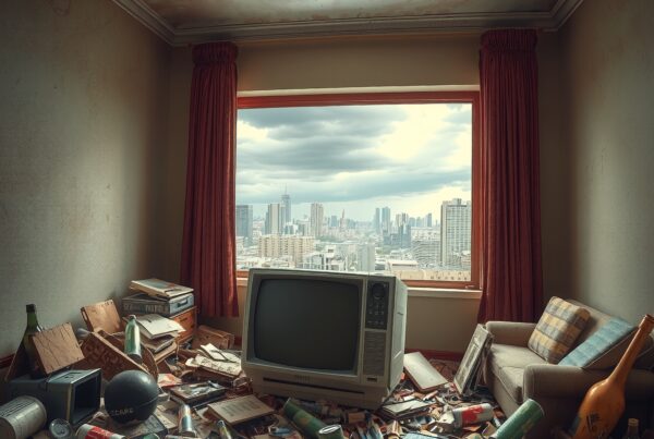 Cluttered room with vintage TV, scattered items, and urban cityscape view.