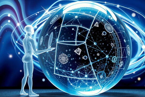 Futuristic humanoid interacting with glowing geometric sphere in cosmic setting.