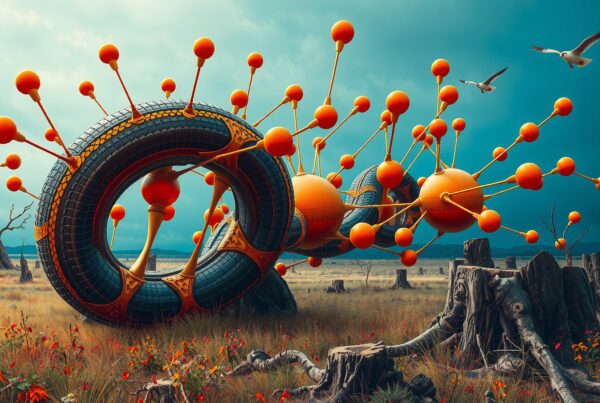 Abstract mechanical structure in surreal landscape composition.