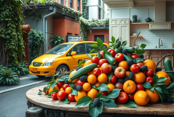 Vibrant fruits and vegetables juxtaposed with city taxi and kitchen.