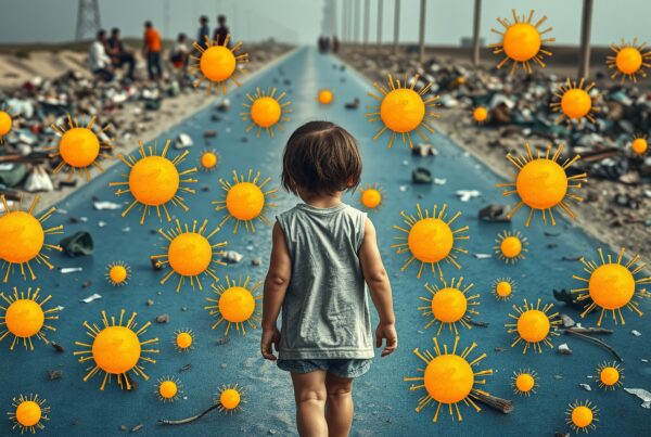 A child walks on a blue path surrounded by floating suns and debris, symbolizing hope amidst adversity.