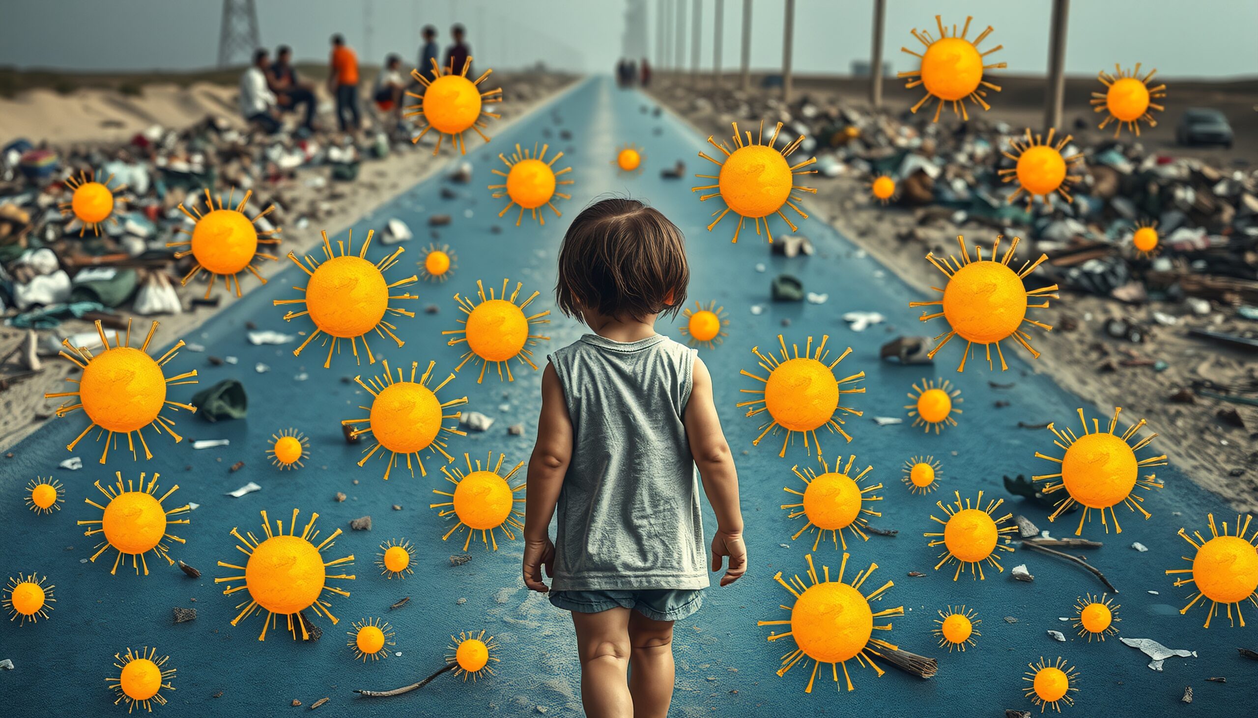 Child Walking Amidst Floating Suns
