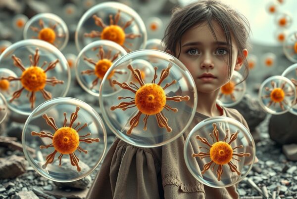 A girl stands among floating transparent orbs with orange nuclei, evoking a surreal and dreamlike atmosphere.