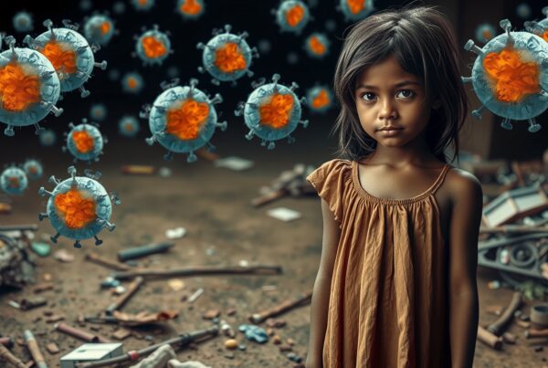 A young girl surrounded by illustrated floating virus particles in a cluttered setting, symbolizing environmental health concerns and vulnerability.