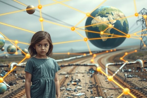 Girl amid digital debris watching interconnected worlds collapse