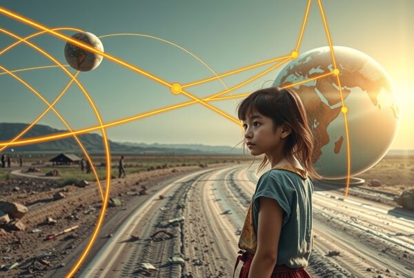A young girl on a road with a globe and orbiting planets surrounded by glowing lines under the sun.
