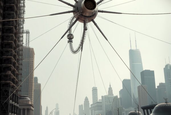 Futuristic Spider Over Cityscape