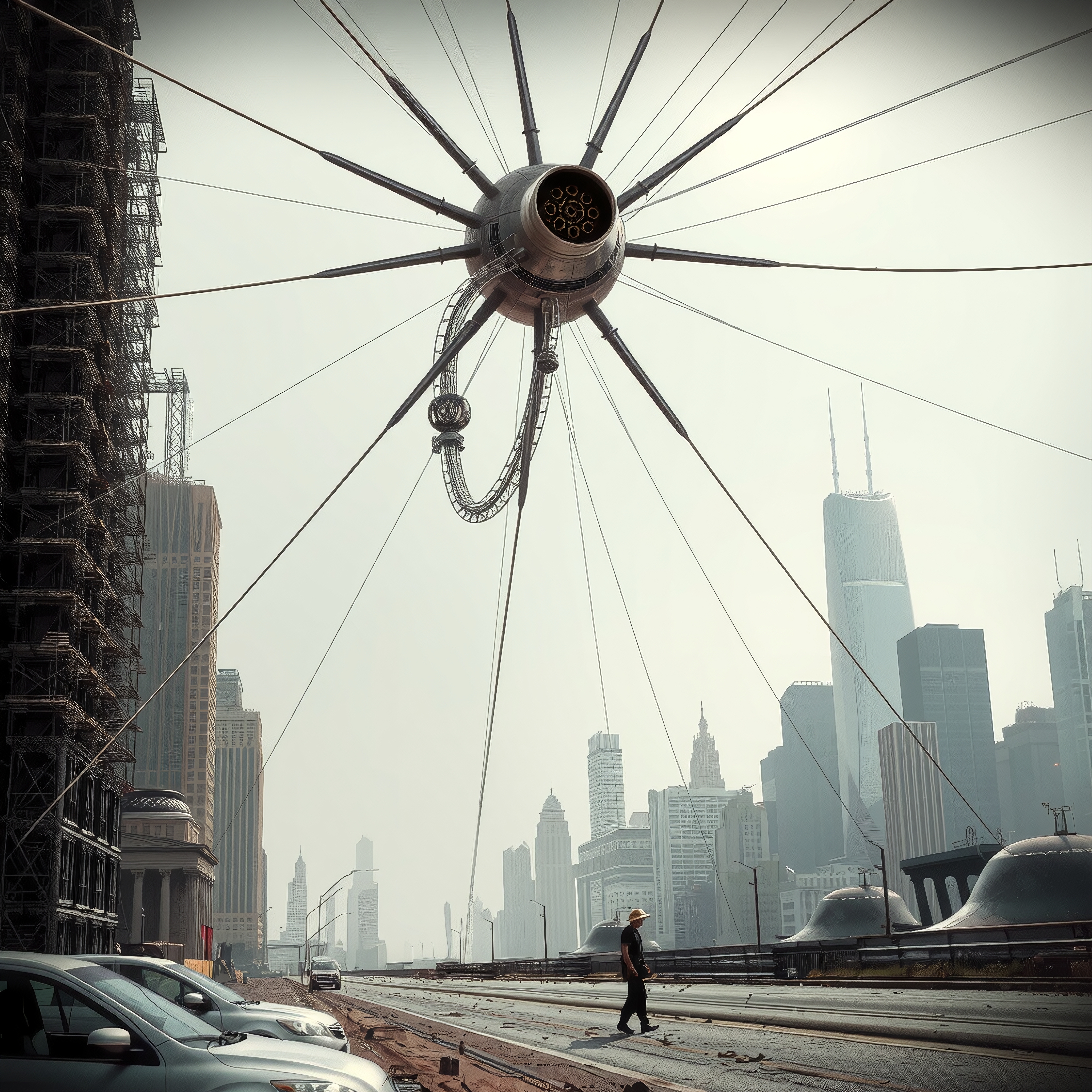 Futuristic Spider Over Cityscape
