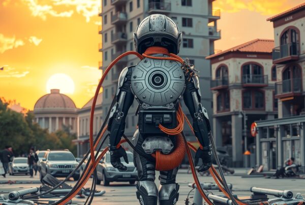 A robot wired with cables stands in a city as the sun sets.