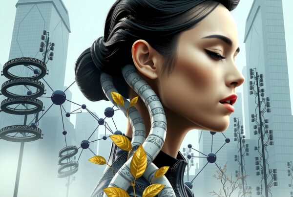 Futuristic woman with metallic pipes and golden leaves against an urban cityscape.