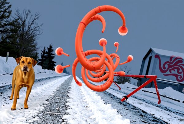 Orange Sculptures in Snowy Landscape