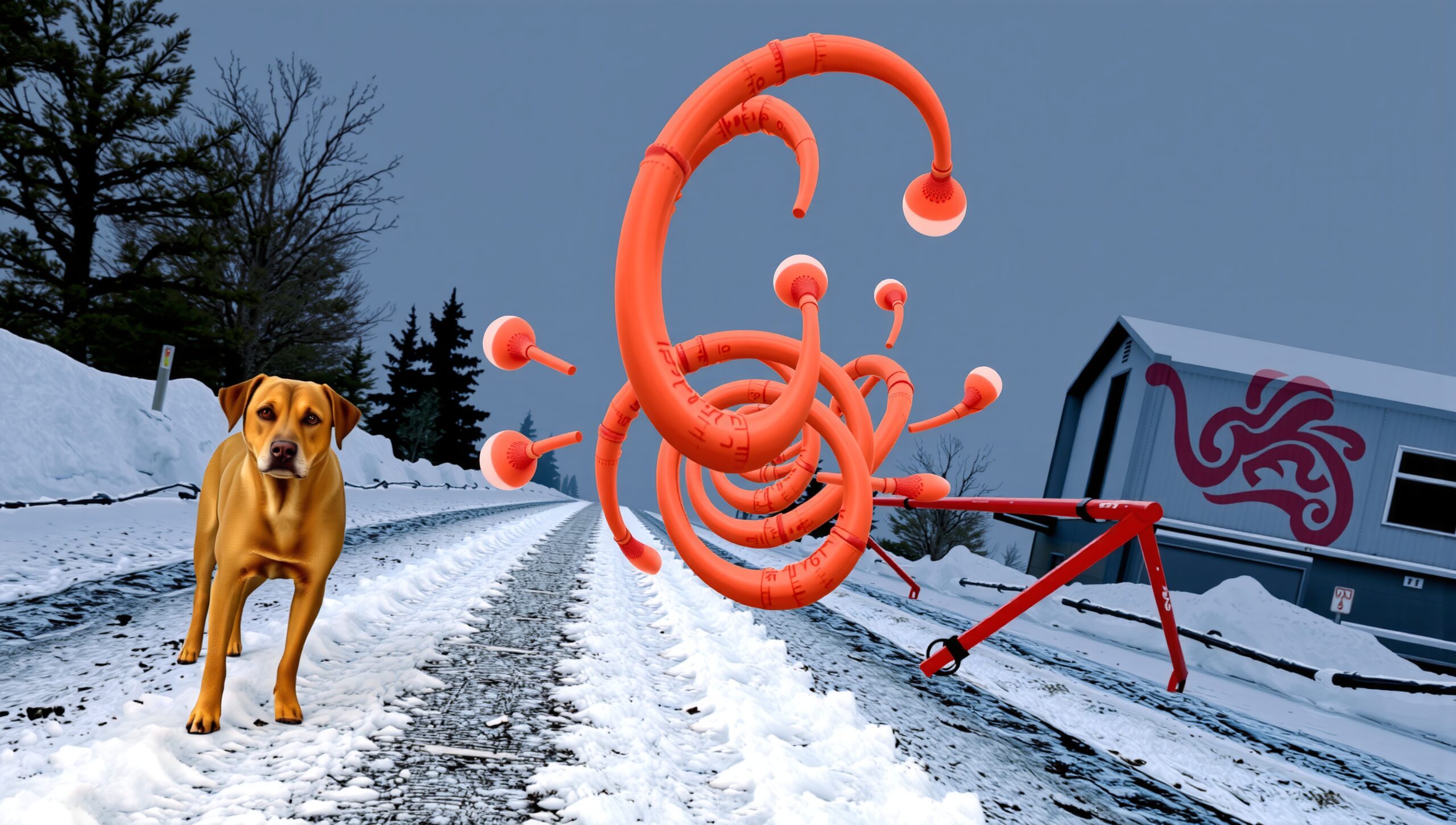 Orange Sculptures in Snowy Landscape