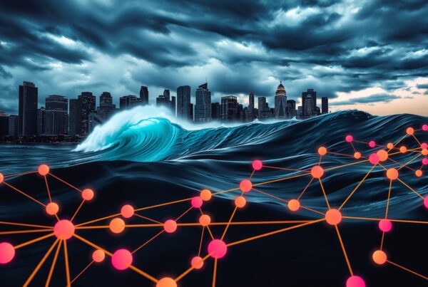 Dramatic city skyline with digital network overlay.