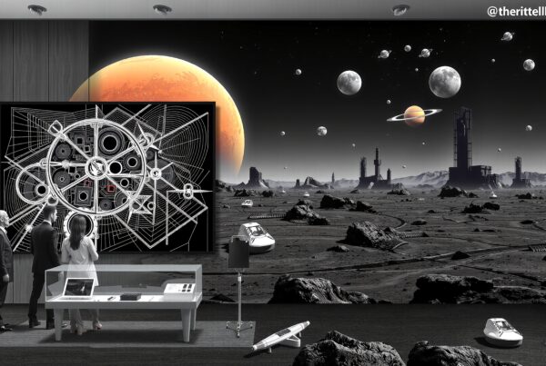 Futuristic meeting room with cosmic view.