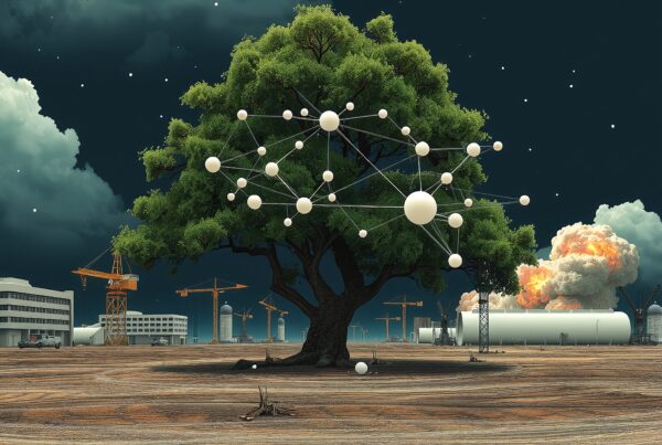 A tree with network of spheres stands against an industrial and starry background.