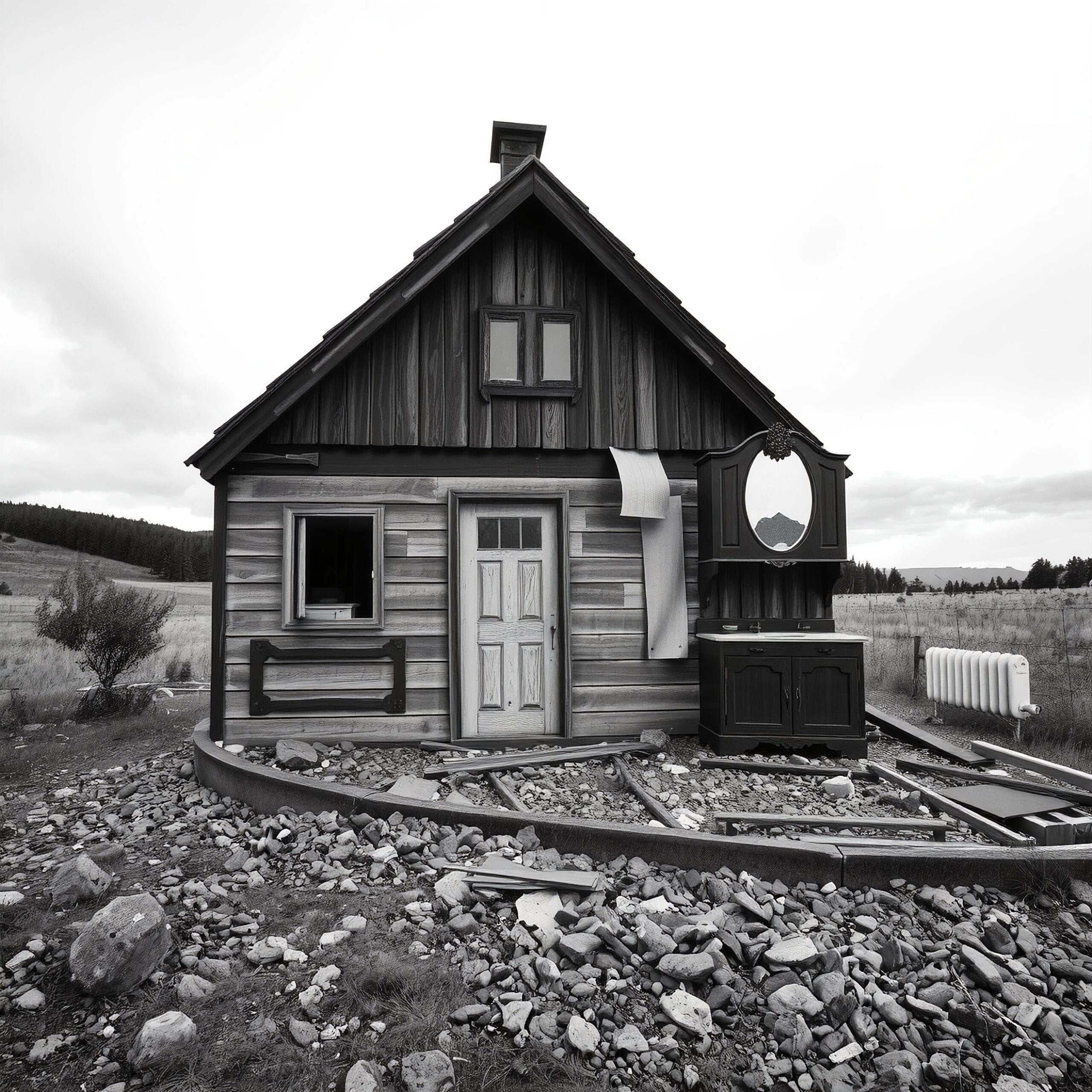 Cabin Contrasts Against Rocky Landscape