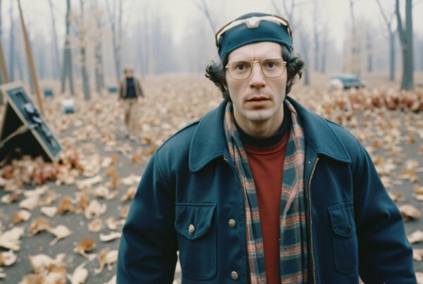 Man wearing glasses and scarf standing amidst falling leaves in autumnal forest scene