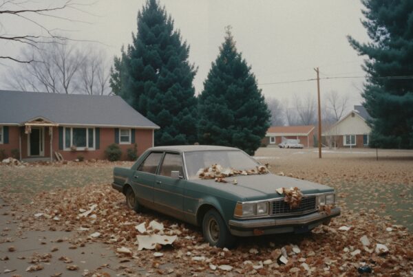 A vintage car covered in leaves sits abandoned in a suburban driveway in front of a red-brick house.